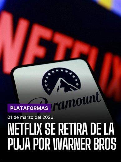 NETFLIX SE RETIRA DE LA PUJA POR WARNER BROS 💸 Netflix decidió retirarse de la batalla por adquirir Warner Bros. Discovery, dejando el camino despejado para Paramount Skydance. La decisión se tomó después de que Paramount presentara una oferta de $111.000 millones, superando la oferta inicial de Netflix de $83.000 millones 💰. Según los codirectores ejecutivos de Netflix, Ted Sarandos y Greg Peters, la compañía decidió no igualar la oferta de Paramount porque