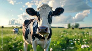 A curious cow grazing in a vibrant green field under a sunny sky during a warm afternoon