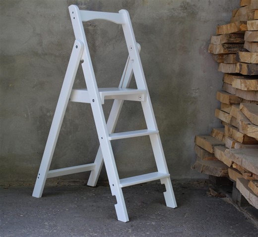 White Slim Folding Wooden Step Ladder – Compact 3-step Solid Wood Stepladder - Etsy