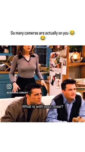 Funvexa on Instagram: "The post shares a viral clip from Friends Season 2, Episode 14 ("The One with the Prom Video"), where the gang uncovers Monica's high school photos revealing her past weight struggles, culminating in Chandler's deadpan "Connecticut" line and Joey's self-aware "So many cameras are actually on you" punchline. This scene's humor stems from relatable embarrassment and group ribbing, but it subtly addresses body image; a 2020 study in Body Image journal found viewers often repo