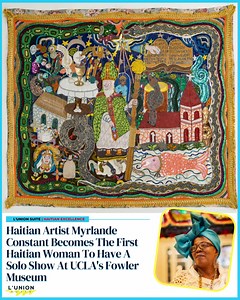 #HaitianExcellence 🎨🇭🇹 The work of Haitian artist Myrlande Constant is getting attention at the top of the contemporary art world. Her meticulously embroidered flags, known as drapos, were featured at the Venice Biennale last year, and she just wrapped up a New York gallery exhibition. https://www.npr.org/2023/03/30/1166970005/myrlande-constant-exhibition-art-haiti-vodou Now with a new show at UCLA's Fowler Museum, Constant becomes the first Haitian woman to have a solo show in a major U.S. M