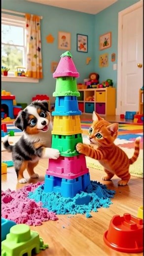 Snowy Day ASMR! ❄️🐶 Dog & Kitty Play with Rainbow Kinetic Sand! 🌈