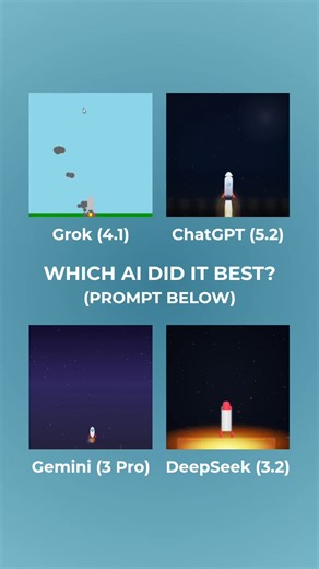 AI Animation Battle: Rocket Launch 🚀 Which AI did it best? Prompt: Create a single-file with HTML/CSS/vanilla JS only (no libraries/assets) that renders a rocket launching inside a centered square scene container (responsive). Include: realistic acceleration upwards, smoke particles expanding downward, flame flicker, and a clean loop reset. The whole animation needs to be 30 seconds and seamlessly loop.