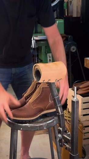 Cracking this leather boot build off their lasts! The lasts have served their purpose in providing form for the boot throughout the assembly process but now it’s time to remove them to get a little more clearance with the sole sander. #asmr #howitsmade #handmadeboots #bootmaker | Bob Henderson