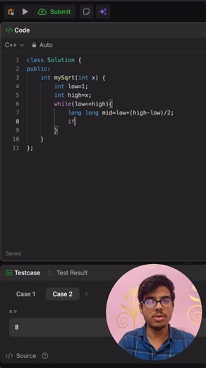 अ𝗻𝘃𝗲𝘀𝗵ण on Instagram: "🚀 Day 30 of 50 Days of Code! Cracking Square Root of a Number today 💡 Binary search on the answer 🔢 Precision + Logic = ✅ Math meets coding, and the result is satisfying! 😎✨ #instagram #trending #fyp #foryou #Day30 #BinarySearch #Math #SquareRoot #50DaysOfCode #CodingChallenge #DSA #CodeEveryday"