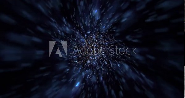 Cosmic interstellar hyperspace motion background animation. Flying at warp speed through glowing blue stars and particles. Space tunnel starburst explosion animation.
