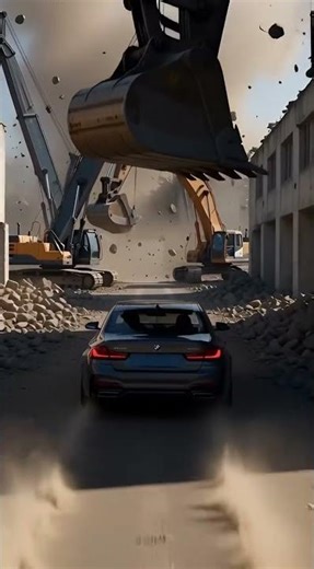 BMW sedan speeds through chaos, dodging debris in collapsing yard