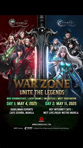 Cabal Gamers, assemble! ⚔️ The Cabal War Zone is LIVE now at Hey Internet Café, Met Live, Pasay, Metro Manila! 💥 Walk-ins welcome — everyone's invited to join the chaos! 🎮 Meet your favorite Cabal streamers: Aningning, Danicx, Lilith, zLadyAnn, Devil’s Tower Gaming, Roroo, BeeBee Buyong, Paloma Twins (Mayumi & Megumi), and DoinkyKong! 🔥 Join epic PVP showmatches & community games 🎁 Score awesome prizes like: Exclusive Nation Jerseys Fantech gaming gear Franky Pop collectibles In-game items &