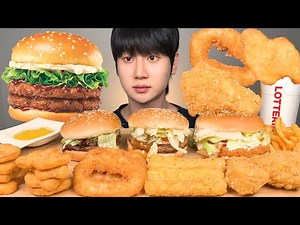 롯데리아 먹방~ 더블데리버거, 새우버거, 불고기버거, 치즈스틱, 치킨너겟, 오징어링, 양념감자튀김, 치킨 리얼사운드 ASMR Hamburger & Chicken MUKBANG
