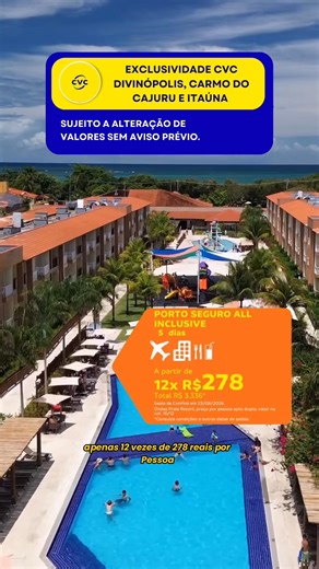 CVC MG - Divinópolis Centro on Instagram: "Porto Seguro te espera no Ondas Praia Resort 🌴 São 5 dias all inclusive, com aéreo + hospedagem para você curtir sem preocupação, a partir de 12x R$278. 🍹🏖️ E para facilitar ainda mais, a van da CVC te busca em Divinópolis e leva até Confins, sem custo. ✈️🚐 É só fazer as malas e aproveitar! 🤩 Fale em nossa loja: 📲 (37) 998237007 📞 (37) 32120393 📍Av. 1º de Junho, 443 - Centro, Divinópolis - MG"