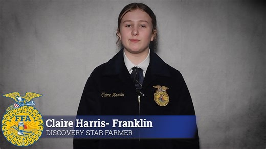 Congratulations to Claire Harris from the Franklin FFA Chapter for being the 2025 State Discovery Star Farmer. Agricultural Proficiency Awards honor FFA members who, through Supervised Agricultural Experiences, have developed specialized skills that they can apply toward their future careers. Investing just $7 per month can guarantee a hardworking FFA member and their chapter a State-Shaped Supervised Agricultural Experience (SAE) Winning plaque that will proudly hang on their wall for years to 
