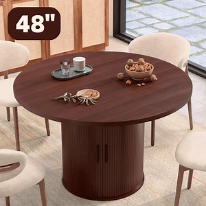 Hommpa 48" Round Dining Table with Storage, Morden Kitchen Table Wood for 4 with 2-Layer Storage Shelves and Wood Slide Door for Kitchen for Party Holiday Festival Christmas Gift, Brown