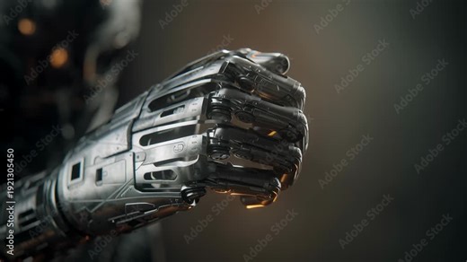 A robotic hand pointing to the camera. Concept of technology and futuristic elements. Close-up of AI capital protection mode automatically switching, subtle futurist tonal commercial, ai driven invest