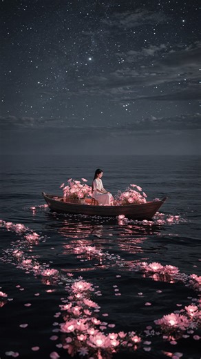 Kai Wing on Instagram: "A Sea of Pink Luminescence🌸 Drift across a calm, dark sea where pink bioluminescent flowers and petals float like scattered embers, their soft light trailing behind a quiet wooden boat. Under a sky thick with stars and drifting clouds, the vast night holds a moment of serene, weightless wonder Image Generator: #ImagineArt Video Generator: #klingai Video Upscaler: #TopazLabs #FreepikAI"
