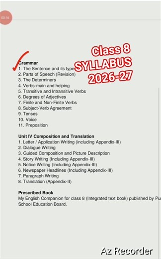 CLASS 8 English Syllabus 2026-27 || PSEB NEW SYLLABUS || STUDY ANYTIME