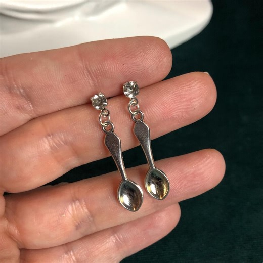 Silver Spoon Drop Earrings – Cubic Zirconia Studs - Etsy