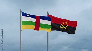 Central Africa flag and Angola flag waving together on cloudy sky, endless seamless loop