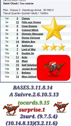 programme et pronostic quinté + mardi 24/03/2026 ⭐⭐➡️⭐⭐🎯