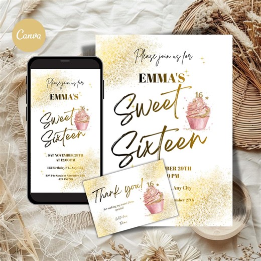 Sweet 16 Birthday Invitation Template | Sweet Sixteen Party Invite | Editable Canva Evite | Printable Birthday Invite + Thank You Card - Etsy