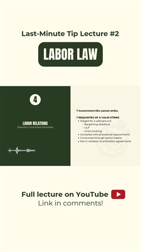 Bar 2025 Last-Minute Labor Law Tip 🎯 What are the requisites of a valid strike? A quick refresher to sharpen your recall for Day 2 (LaborLaw). 📌 Full lecture on YouTube. Link in comments! #Bar2025 #LaborLaw #LastMinuteTips #BarExamPrep #PhilippinesBarExam #AmyingForExcellence | Minute Digests ni Atty. G