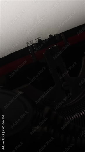 Vertical video typewriter machine typing the end on a blank white paper, symbolizing conclusion, finality, and finishing a project, with vintage details visible in soft light
