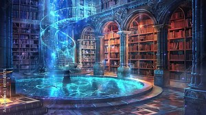 Magical Library with water pool. Fantasy Office. Fantasy and fairy tale setting video. Loop animation for relaxing music video