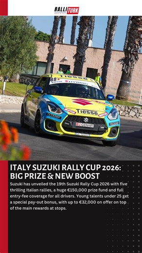 SUZUKI RALLY CUP 2026: BIG PRIZE & NEW BOOST | Suzuki has unveiled the 19th Suzuki Rally Cup 2026 with five thrilling Italian rallies, a huge €150,000 prize fund and full entry-fee coverage for all drivers. Young talents under 25 get a special pay-out bonus, with up to €32,000 on offer on top of the main rewards at stops like Targa Florio, Roma Capitale and Sanremo.