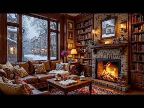 Snowfall Winter Jazz ❄️ Warm Piano & Cozy Coffee Shop with Fireplace Sounds for Relax & Calm