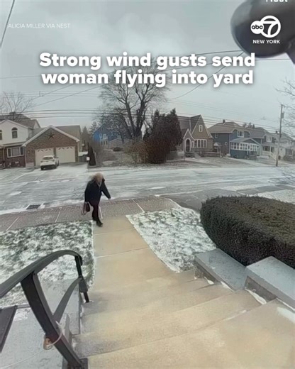 Video shows the moment a gust of wind sent a woman “flying” into a yard on Monday, Dec. 29, in Lackawanna, NY. Diane Miller was visiting her daughter just south of Buffalo when she was swept off her feet. | ABC7NY