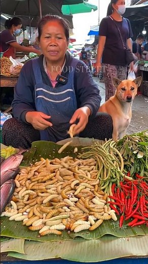 Sago Worm Vendor with Cute Dog in a Lively Thai Market!@muhibbudinfood-ai