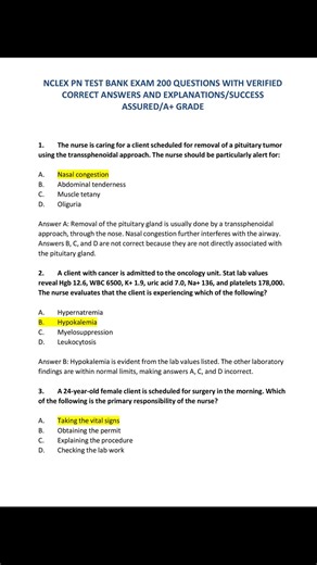NCLEX PN TEST BANK EXAM 200 QUESTIONS WITH VERIFIED CORRECT ANSWERS #nclexprep #nclexpn #nclex #nursingstudent #nursingschool #nclexrn #nclextopics #nursesrock #nclexquestions #rn #fyp