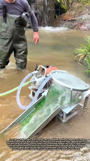 Worker Extracting Gold from River Sediments Using Machine and Manual Panning Techniques