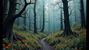 Misty Forest Path with Orange Flowers | Free Stock Video Footage