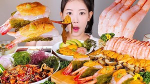 『Wooang』7.7 海胆、虾仁、角螺和拌菜，还有海带汤盖饭🌸咀嚼音