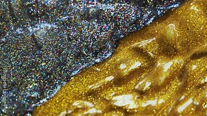 Liquid Brilliant Metallic Bronze Paint. Square bottle of lacquer with sequins close-up. Mask for the face. Old-Fashion antique gold and silver.