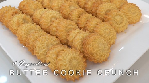 Super Easy Butter Cookie with 4 ingredients only How to make this super easy 4 ingredient Butter Cookie Crunch that melts in your mouth. Here's what you'll need: 1 and ½ cup softened butter (340g) salted butter 3/4 cup icing sugar (100g) 2 teaspoon vanilla extract (10ml) 2 and 3/4 cups all purpose flour (350g) -This recipe yields 45-50 butter cookies. -Bake in a preheated oven at 350F/180C for 14-15 minutes or until lighlty browned. Baking time varies depending on oven specifications. Please adj