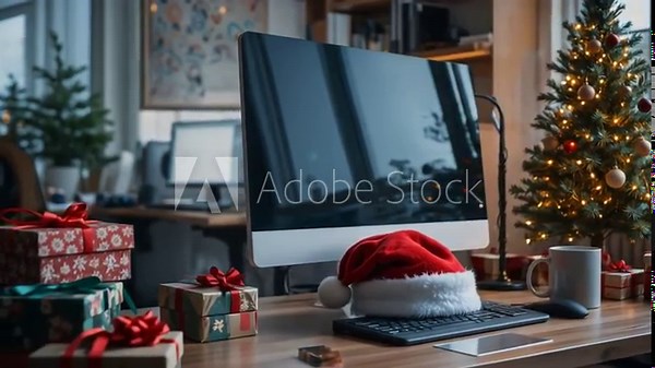 Christmas desktop setup with computer monitor, Santa hat on keyboard, decorated tree with lights, gift boxes, and festive mugs in office during holiday season. 4k video