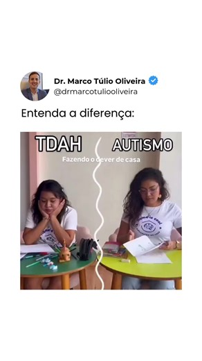 Marco Túlio Oliveira | Médico Psiquiatra CRM-DF 29597 RQE 20510 on Instagram: "TDAH x Autismo: qual a principal diferença? O comportamento de crianças com TDAH e autismo na hora de fazer o dever de casa pode ser bem diferente. Cada condição afeta o aprendizado e a concentração de formas únicas, e entender essas diferenças é o primeiro passo para apoiar melhor cada criança. Crianças com TDAH costumam ter dificuldade em manter o foco: começam a tarefa animadas, mas qualquer estímulo ao redor pode 