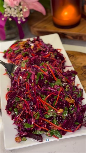Bayan Bites on Instagram: "Red Cabbage, Beet & Pomegranate Salad 🥗❄️ Fresh, crunchy, and full of flavor 🥗 Beet, red cabbage, carrot, pomegranate, and walnuts with a zesty lemon dressing. Simple ingredients, big taste ✨ The tools and special products I use and love for my videos — you can find them in the link in my bio or in my Amazon storefront 👇 https://www.amazon.com/shop/bayanbites/list/3NVHBX9LPCE0N Ingredients • ¼ small red cabbage, very thinly sliced • 2 boiled beets, julienned or grat