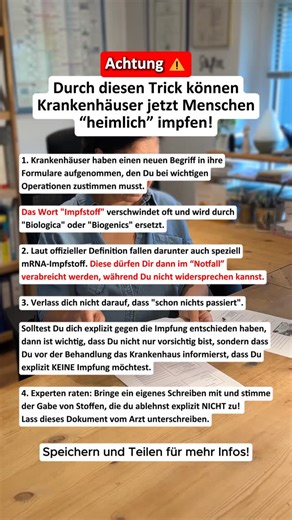 Ayse Meren - Heilpraktiker Ausbildung Online on Instagram: "Diese Änderung im Formular kann dazu führen, dass dir “heimlich” Impfstoffe gegeben werden, wenn der Arzt im Krankenhaus es als “Notwendig” ansieht. Der Begriff "Biologica" ist ein technischer Sammelbegriff, der in neuen Formularen alte Begriffe ersetzt. Er umfasst eine Vielzahl moderner Arzneimittel – und dazu gehören oft auch neuartige Impfstoffe. Das Problem dabei: Ein Standard-Aufklärungsbogen im Krankenhaus ist oft so formuliert, d