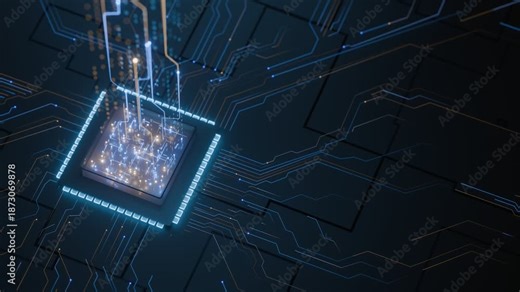 Futuristic glowing microprocessor with digital data streams for artificial intelligence, advanced computing architecture, technology innovation. Seamless loop. Created using non-AI 3d software