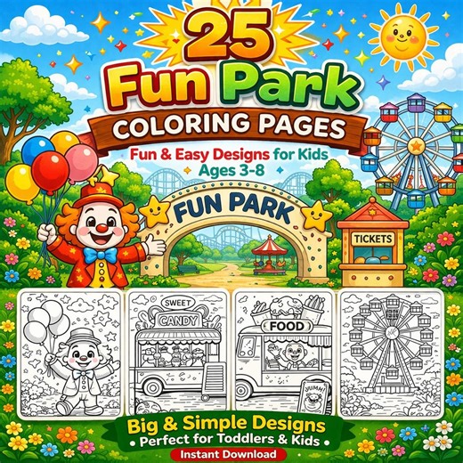 25 Fun Park Coloring Pages for Kids | Kawaii Amusement Park Printable PDF | Cute Carnival Coloring Book | Toddler Activity Pages Ages 3-8 - Etsy