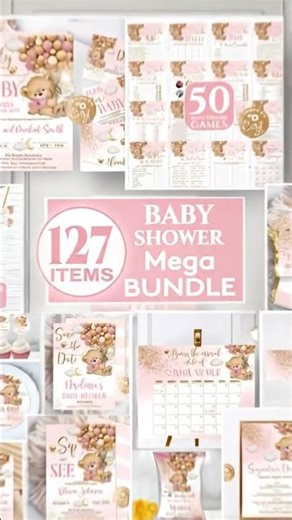 Editable Bear Girl Pink Baby Shower Mega Bundle 🧸💗 127 Items | Pink Gold Baby Shower Set Balloons