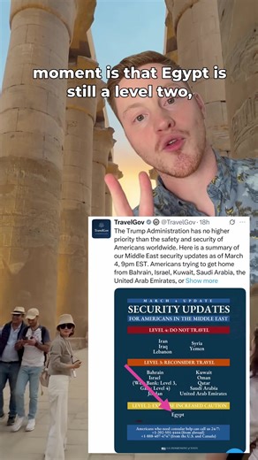 ✈️ “Is it safe to travel to Egypt right now?” I get this question all the time — especially with everything currently happening in Iran. My name is Gus, and I’m a travel advisor who has been arranging trips to Egypt for years. I also lived in Egypt for over 13 years and speak fluent Egyptian Arabic 🇪🇬 Here’s the current reality: • The U.S. government currently lists Egypt as Level 2: Exercise Increased Caution — the same level as the UK and France. • All tourist sites, airports, and flights in