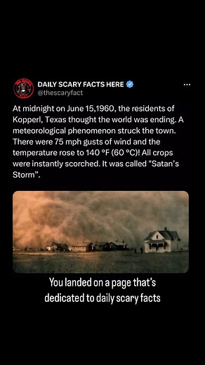 “Satan’s Storm” a terrifying meteorological event that struck Kopperl, Texas, on June 15, 1960. This phenomenon, known as a heat burst, occurs when a collapsing thunderstorm causes a sudden downburst of hot, dry air. In the case of Kopperl, the heat burst produced wind gusts up to 75 mph and raised temperatures to an astonishing 140°F (60°C) in a very short period. This sudden spike in temperature scorched crops and left residents fearing for their lives. Heat bursts are rare and extreme weather