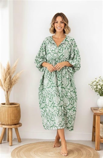 Green Floral Block Print Cotton Maxi Dress, Puff Sleeve Boho Gown - Etsy