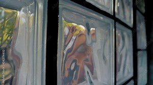 Close up view of a glass block window with dark grout. Scenery outside is distorted and bent by the glass cubes. Sun shining through a glass block window with in a house. DOLLY RIGHT.