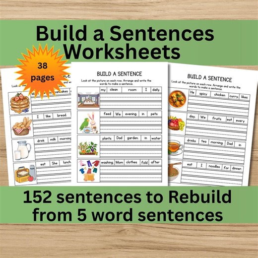 Sentence Building Worksheets | Kindergarten ELA Practice (PDF Printable, 38 Pages)