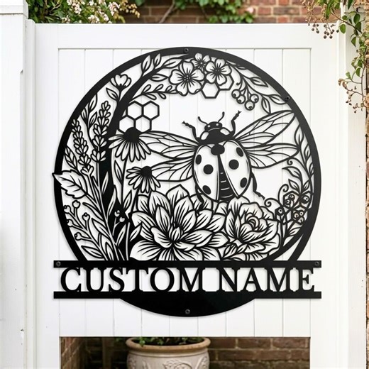 Custom Metal Sign: Ladybug Floral Garden Decor, Personalized Outdoor Wall Art - Etsy