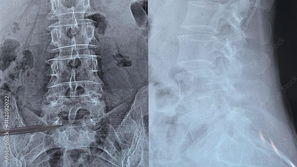 Doctor learn Lumbar spine X-Ray with scoliosis. Digital radiography of a male lumbar spine. Vertebrae human diseases. 4k footage.